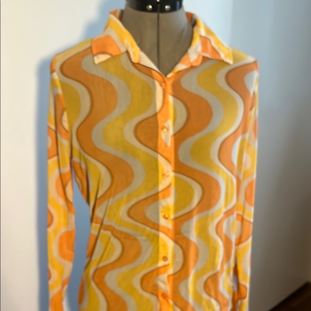 Cotton On Retro Wave Button Down Shirt - Orange and Yellow